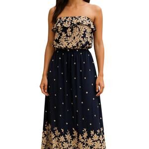 CALS Strapless Ruffles Blue Floral Maxi Dress Size Medium